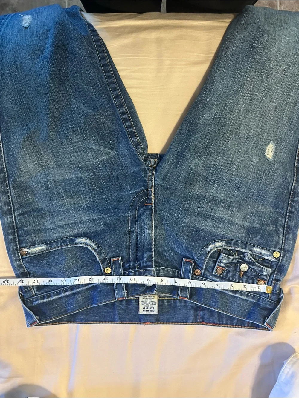 True Religion Men's Joey Jeans in Distressed Blue with Yellow Stitching